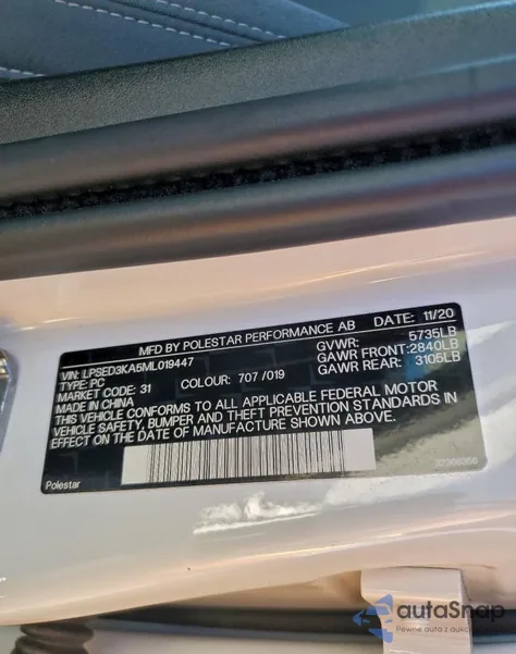 2021 Polestar 2 z USA, uszkodzony, nr VIN LPSED3KA5ML019447